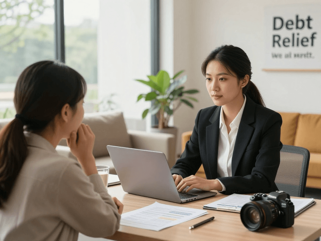 Counselor assisting clients at https://credit-consolidation.ca for debt relief solutions.