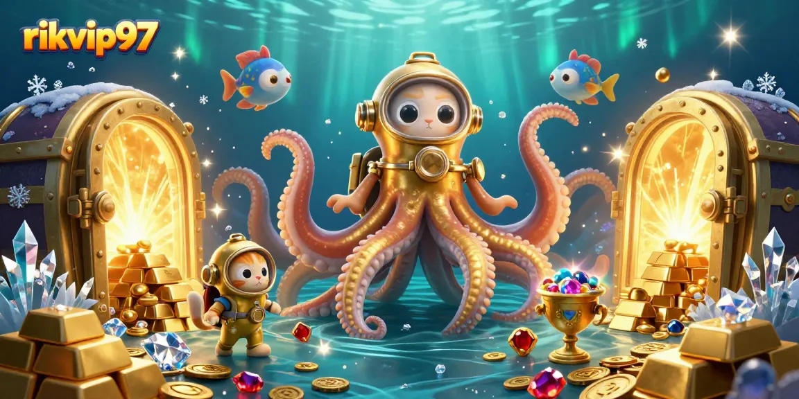 Experience winning at rikvip97 with a vibrant treasure scene featuring a kraken and diving cat in a rich ocean.