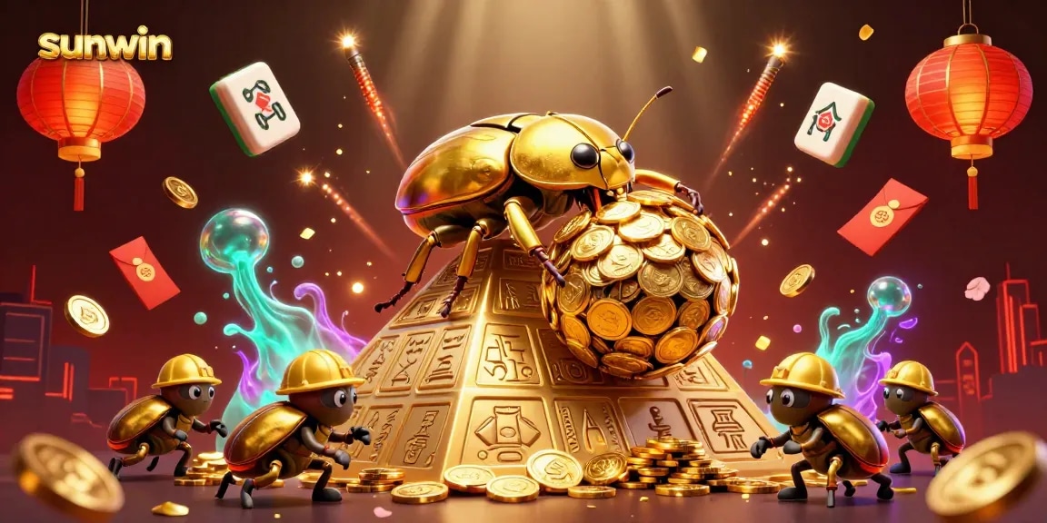 Experience sunwin's vibrant gaming scene with golden beetles and casino symbols in an engaging 3D illustration.