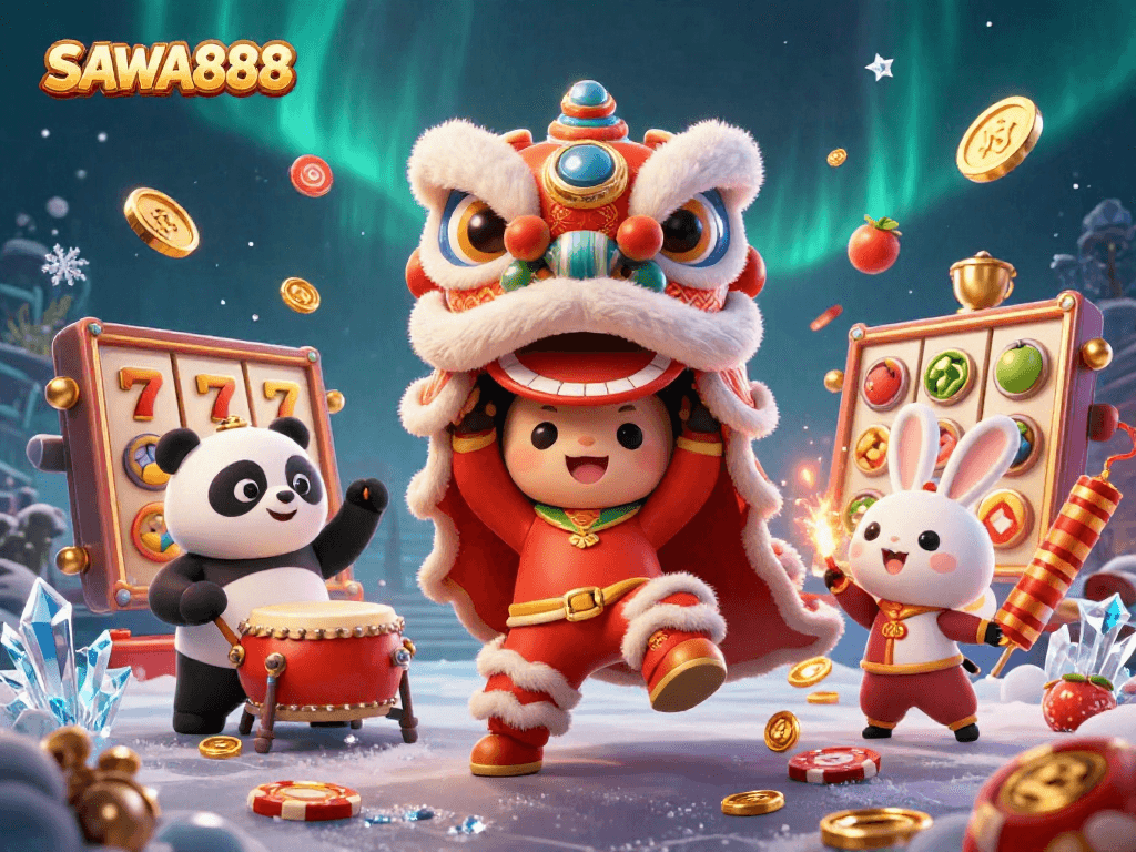 Experience the excitement of SAWA888 with vibrant slot elements and engaging characters in a festive casino scene.