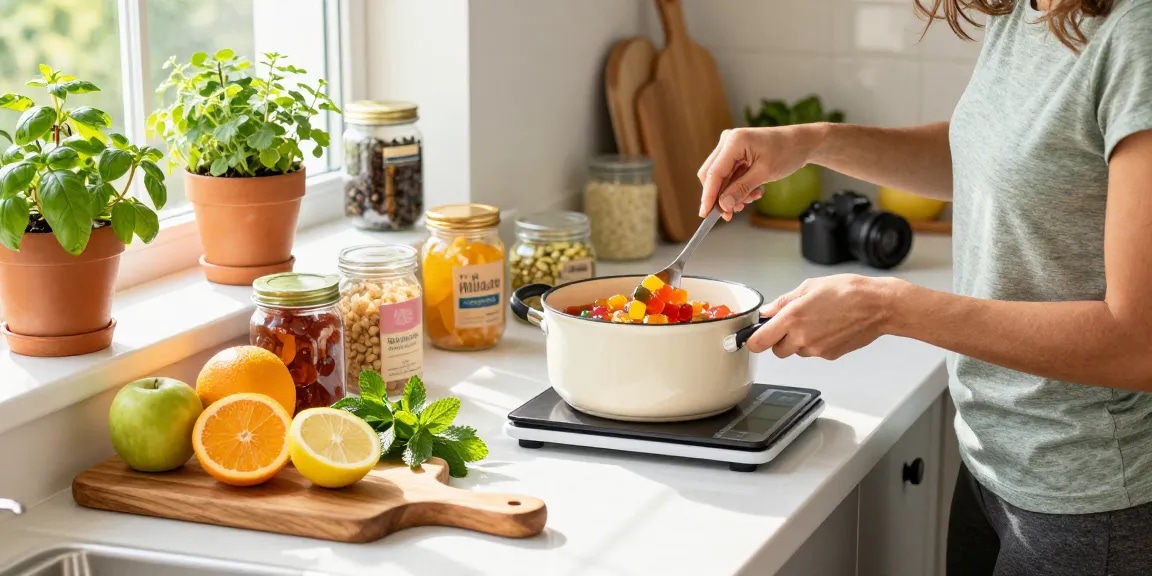 HappyGoLeafy wellness scene with vibrant gummies in preparation.