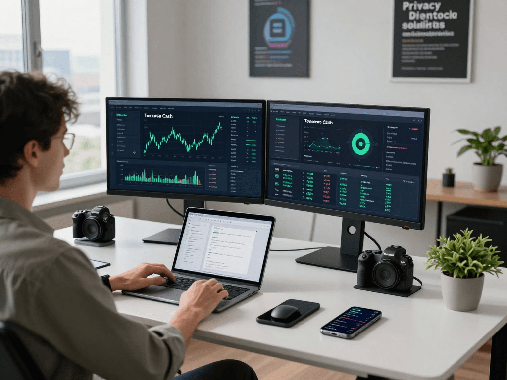 Person using Tornado Cash crypto mixer in a modern workspace, showing dual monitors and financial analytics.