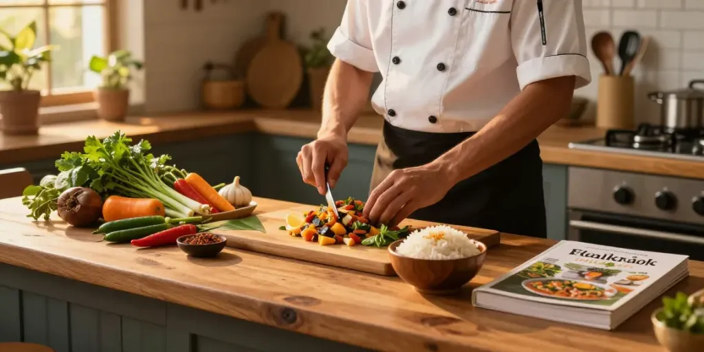 Delicious Thai dishes being prepared in a warm kitchen at kinalyrestaurant.com