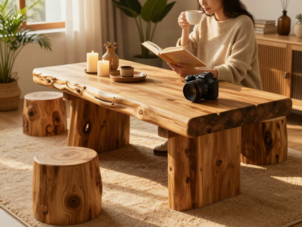 Enjoying a cozy reading moment at a log table from tabletoplog.org amid warm natural light.