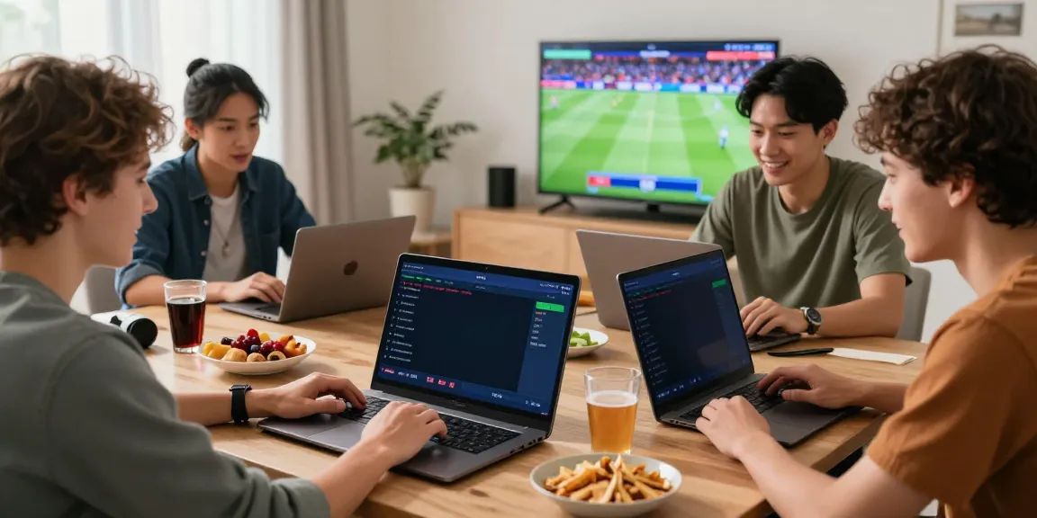 Enthusiastic friends engaging in Taruhan Bola DewaGG online betting experience in a cozy living room.