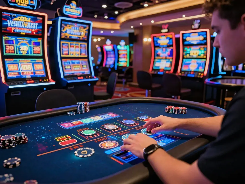 Engaging debet online gaming atmosphere with player at live dealer table.