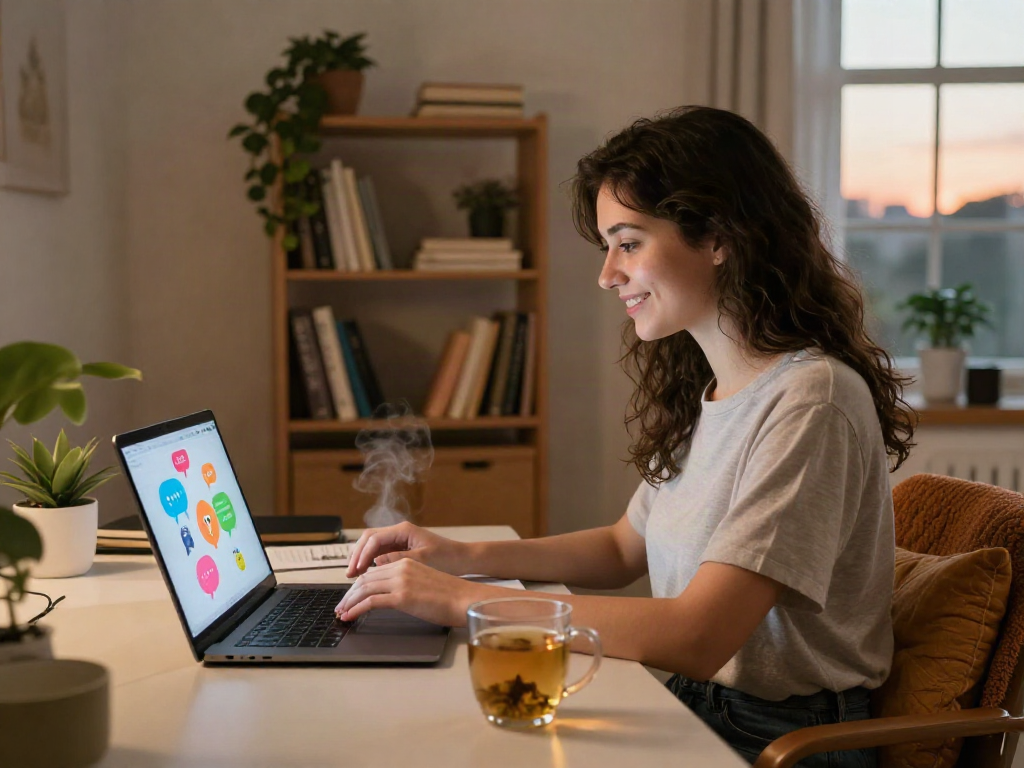 Young woman engaging in a cozy AI sex chat from her home office.