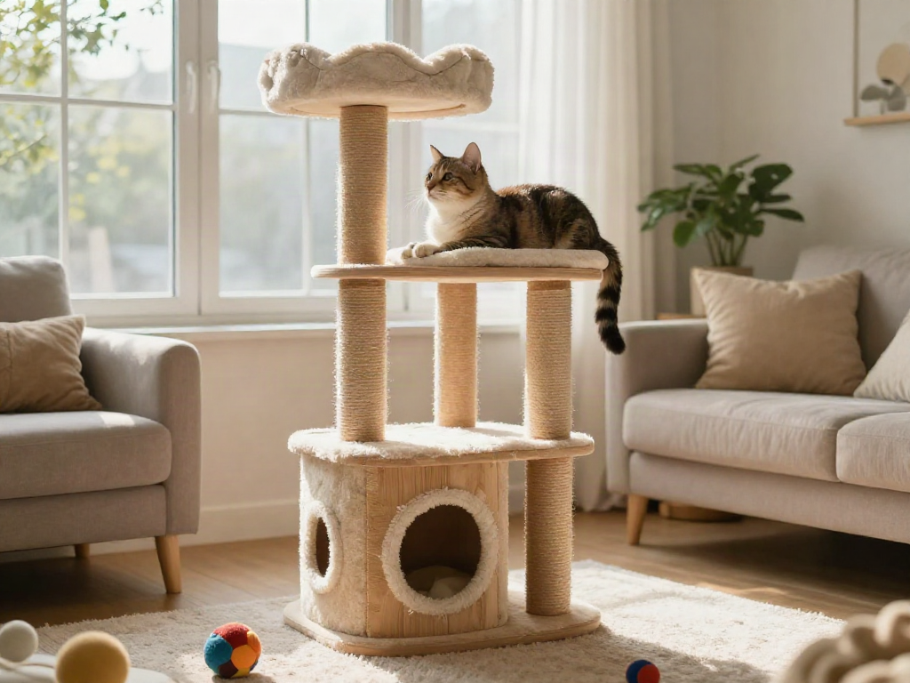 Playful cat relaxing on a stylish cat tower in a warm living room.