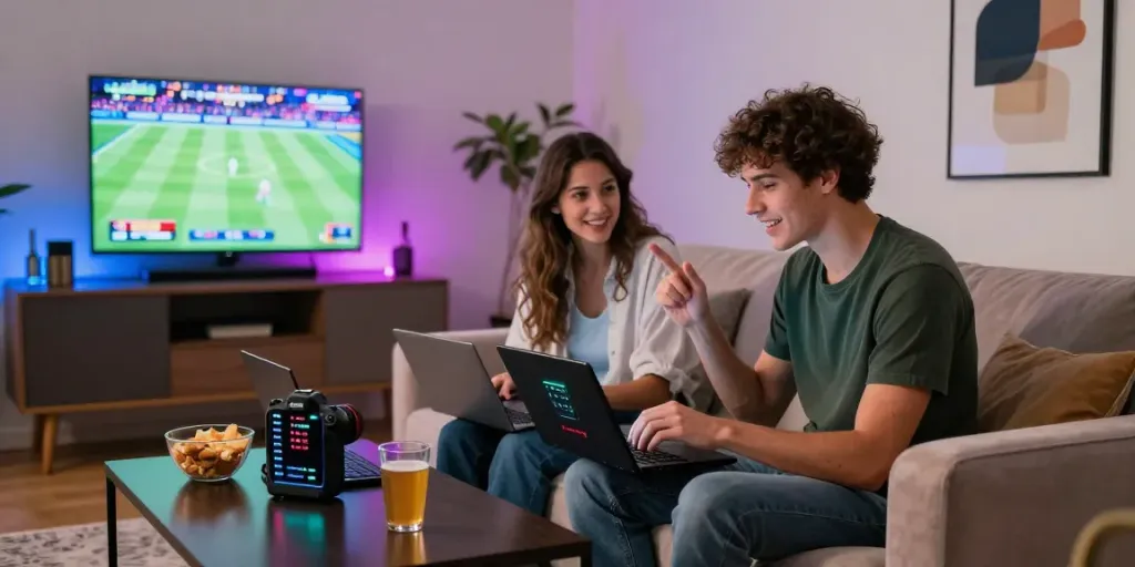 Excited players enjoy Link Alternatif Vegas88 in a vibrant living room