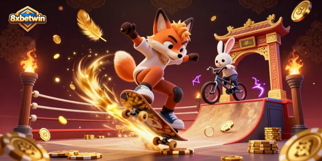 Experience thrill and excitement at 8xbetwin with a vibrant illustration featuring a skateboarder fox and BMX rabbit in a casino-themed scene.