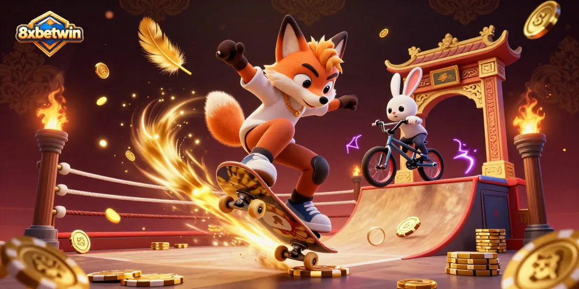 Experience thrill and excitement at 8xbetwin with a vibrant illustration featuring a skateboarder fox and BMX rabbit in a casino-themed scene.