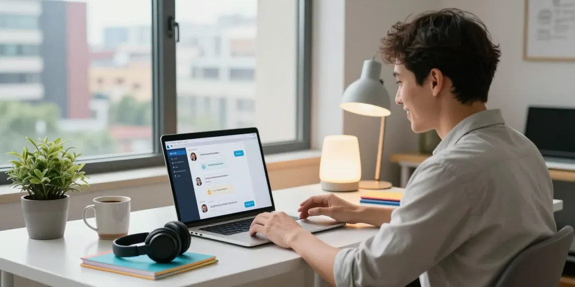 Engaging ai porn chat interaction at a modern home office with personalized responses.