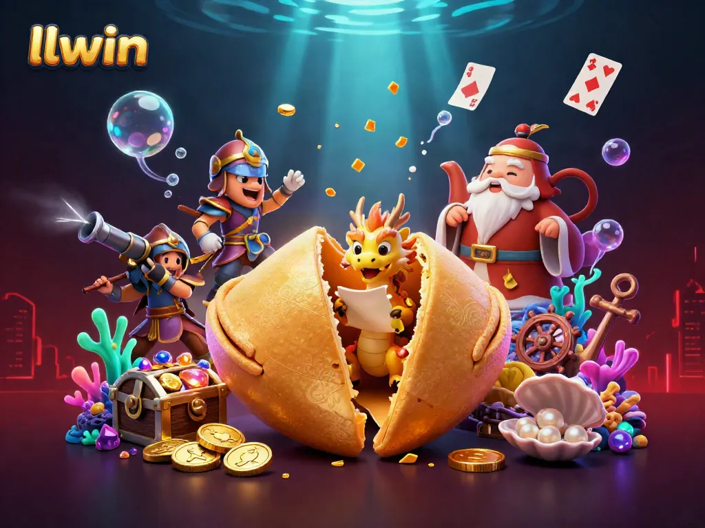 Join the adventure at llwin with magical characters and casino treasures in this 3D casino illustration.
