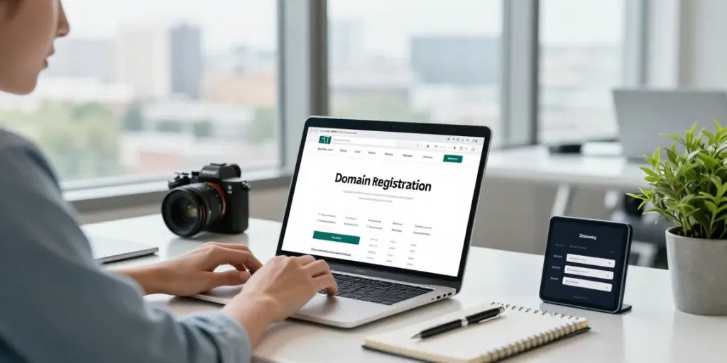 Buy .uk domain in a bright workspace showcasing a professional searching for domain names online.