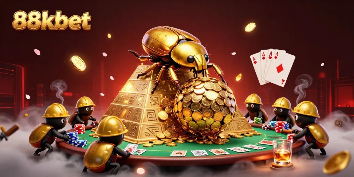 88kbet's thrilling online casino experience depicted with golden beetles and poker elements.