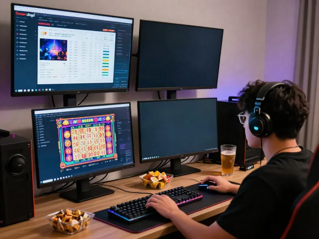 Dewatogel Link Alternatif gaming setup with player immersed in lottery game on computer, showcasing vibrant graphics and engaging ambiance.