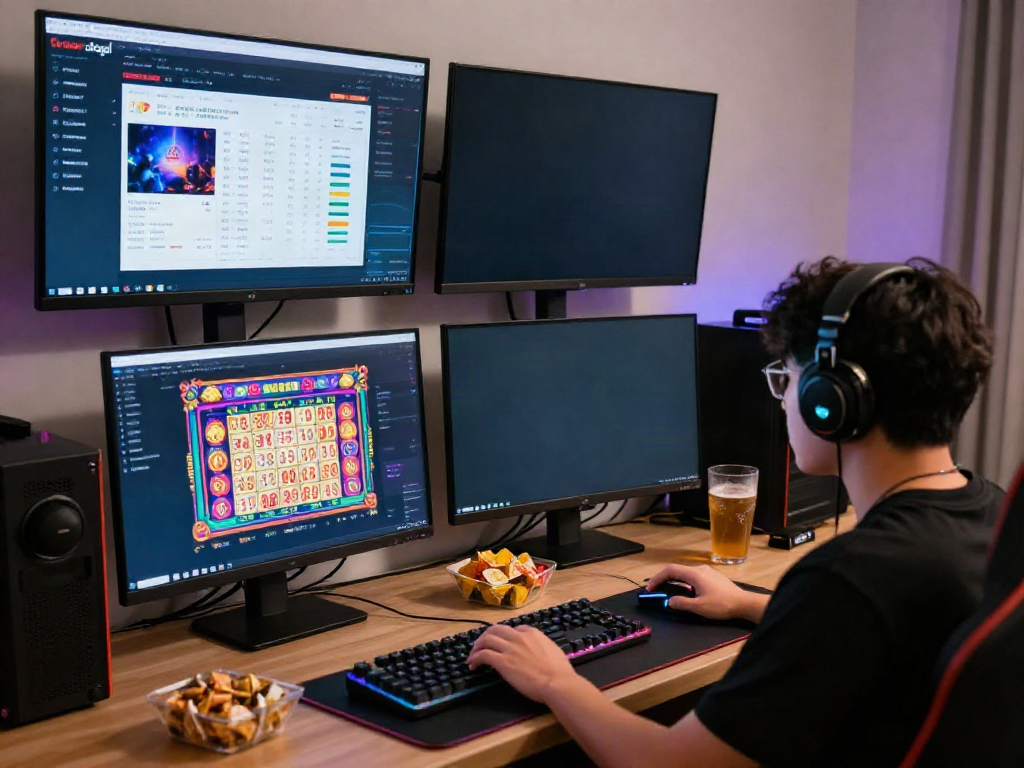 Dewatogel Link Alternatif gaming setup with player immersed in lottery game on computer, showcasing vibrant graphics and engaging ambiance.