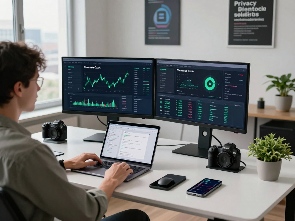 Person using Tornado Cash crypto mixer in a modern workspace, showing dual monitors and financial analytics.