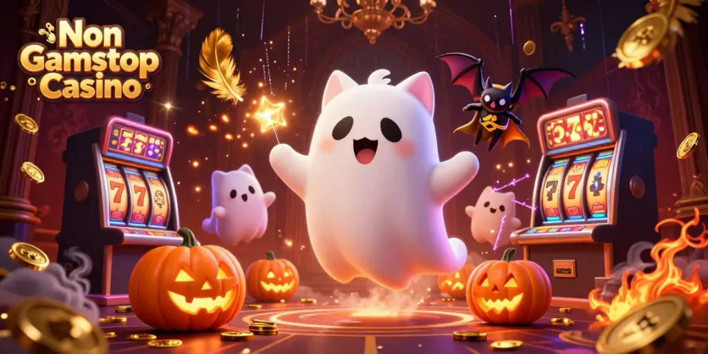 Engaging 3D cartoon scene depicting a Non Gamstop Casino with a friendly ghost cat, bat companion, and glowing poker jack-o-lanterns.