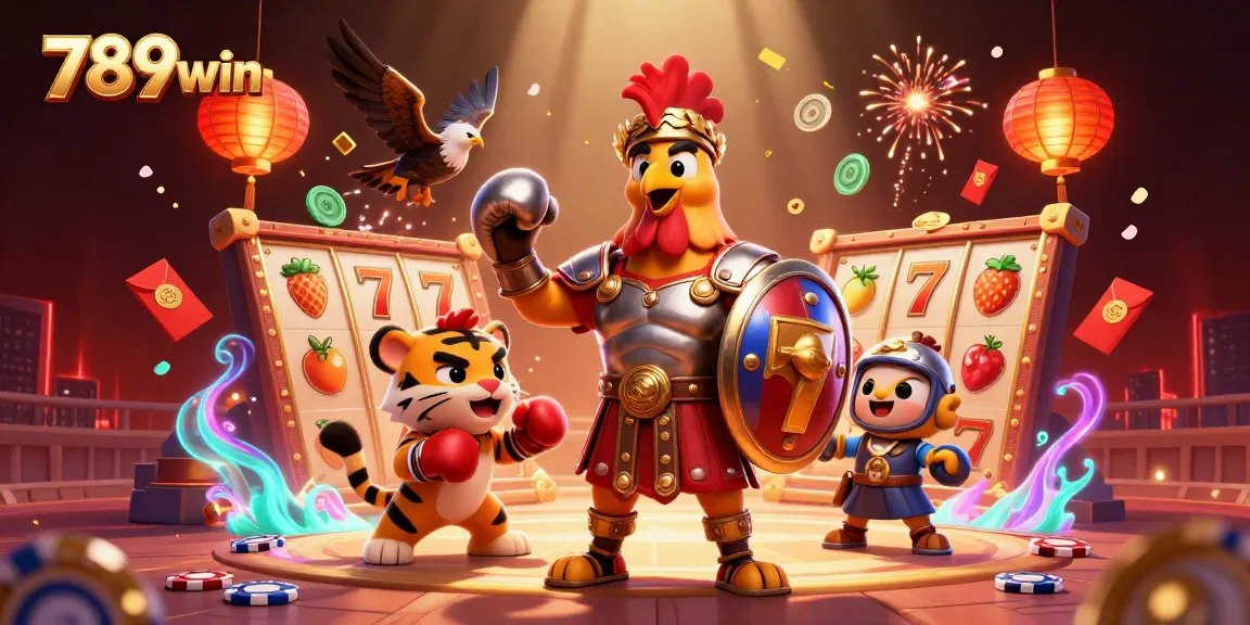 Engage with 789win's vibrant casino scene featuring a rooster gladiator and a gameplay extravaganza.