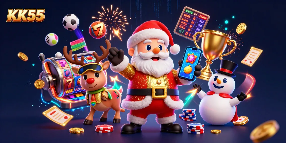 Win exciting jackpots at KK55 with a cartoon Santa and casino-themed elements in an action-packed scene.