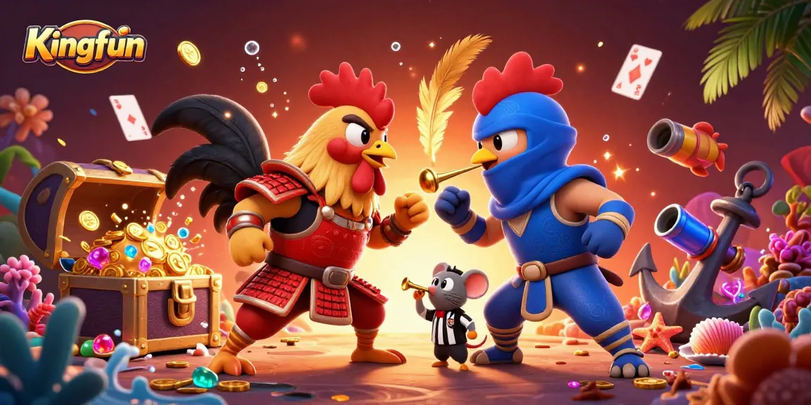 Experience the thrilling combat of Kingfun’s cartoon roosters amidst a vibrant online casino scene.