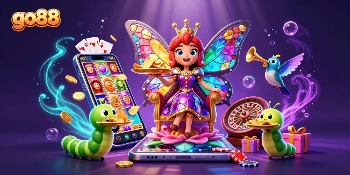 Play thrilling games at go88 with a captivating butterfly queen in a rich casino scene.