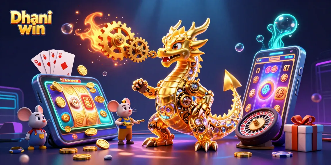 Dhani win gaming scene with a golden dragon, vibrant slot games and rewards in motion.