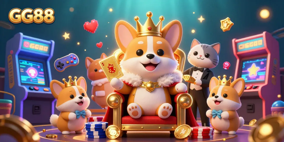 Win big at GG88 with a vibrant casino scene featuring playful corgis and gaming elements.